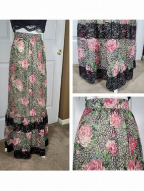 Floral Chiffon & Black Lace Maxi Skirt Pink Roses Size Large